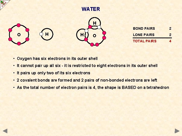 WATER H O H H O BOND PAIRS 2 LONE PAIRS 2 TOTAL PAIRS