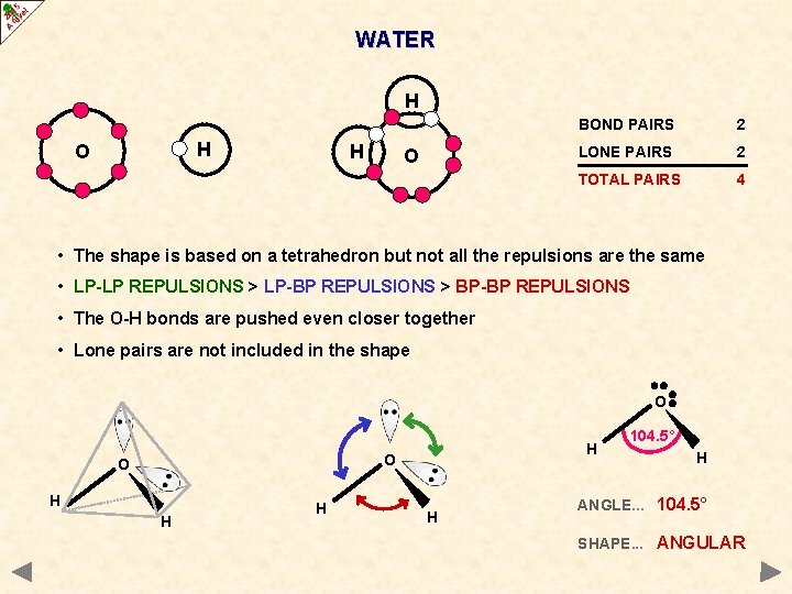 WATER H H O BOND PAIRS 2 LONE PAIRS 2 TOTAL PAIRS 4 •