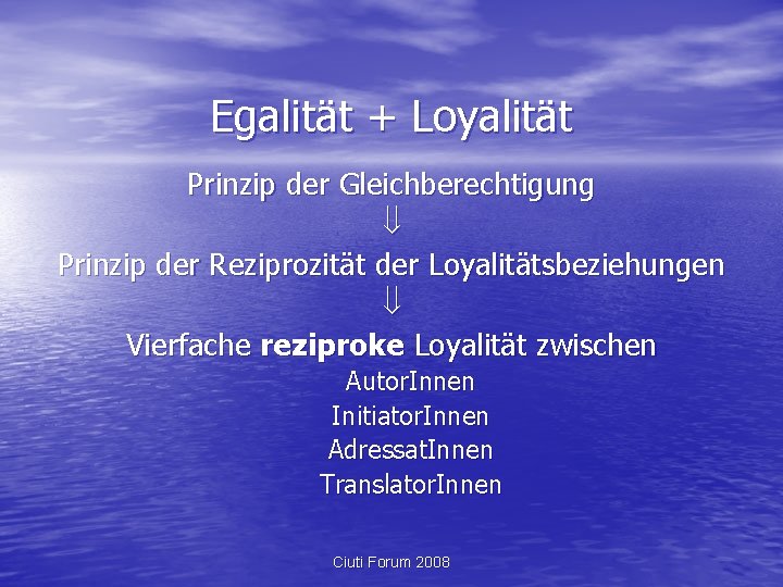 Egalität + Loyalität Prinzip der Gleichberechtigung Prinzip der Reziprozität der Loyalitätsbeziehungen Vierfache reziproke Loyalität