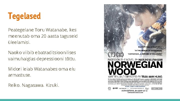Tegelased Peategelane Toru Watanabe, kes meenutab oma 20 aasta taguseid üleelamisi. Naoko viibib ebatraditsioonilises