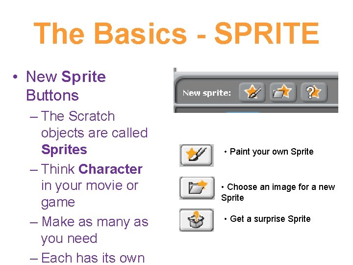 The Basics - SPRITE • New Sprite Buttons – The Scratch objects are called