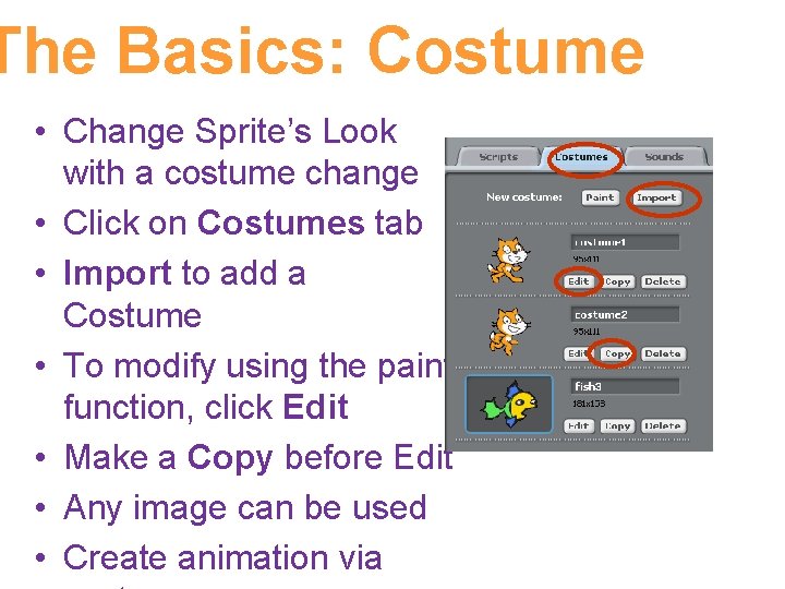 The Basics: Costume • Change Sprite’s Look with a costume change • Click on