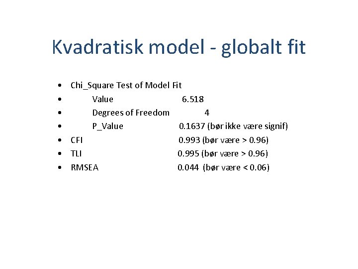 Kvadratisk model - globalt fit • • Chi_Square Test of Model Fit Value 6.