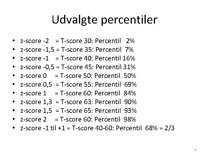 Udvalgte percentiler • • • z-score -2 = T-score 30: Percentil 2% z-score -1,