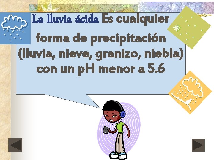 La lluvia ácida Es cualquier forma de precipitación (lluvia, nieve, granizo, niebla) con un