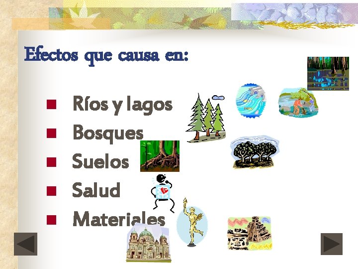 Efectos que causa en: n n n Ríos y lagos Bosques Suelos Salud Materiales