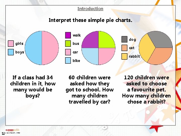 Introduction Interpret these simple pie charts. walk girls bus boys car bike If a