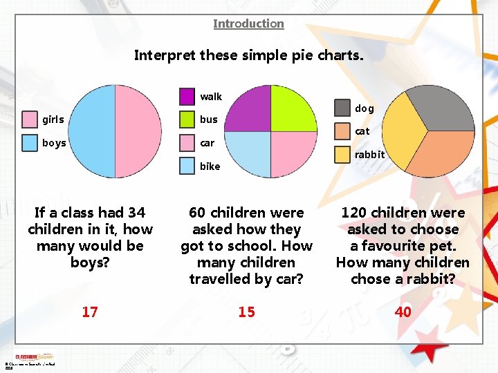 Introduction Interpret these simple pie charts. walk girls bus boys car dog cat rabbit