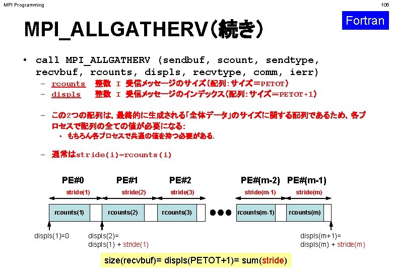 MPI Programming 106 Fortran MPI_ALLGATHERV（続き） • call MPI_ALLGATHERV (sendbuf, scount, sendtype, recvbuf, rcounts, displs,