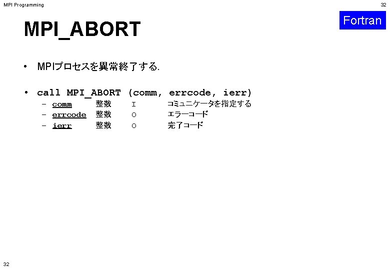 MPI Programming 32 Fortran MPI_ABORT • MPIプロセスを異常終了する． • call MPI_ABORT (comm, errcode, ierr) –