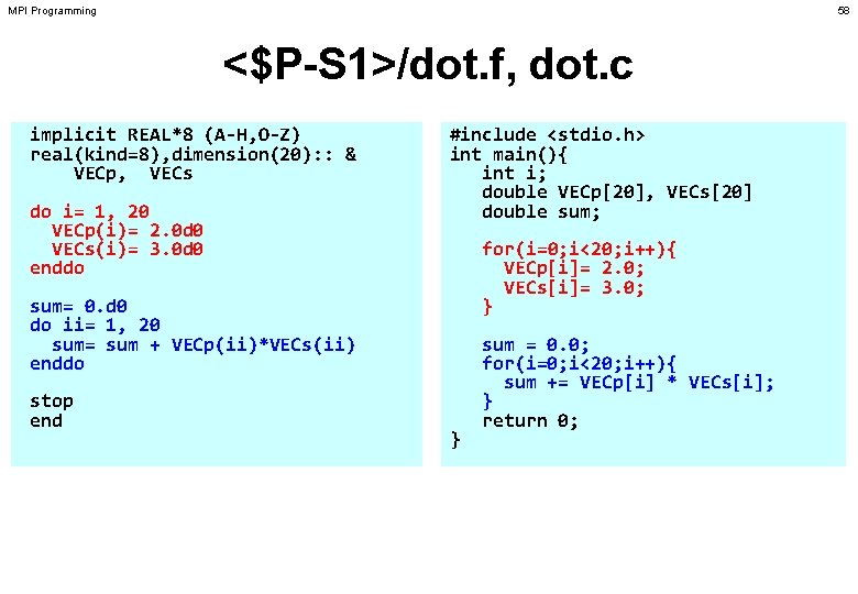 MPI Programming 58 <$P-S 1>/dot. f, dot. c implicit REAL*8 (A-H, O-Z) real(kind=8), dimension(20):