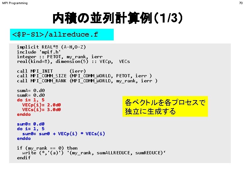 MPI Programming 70 内積の並列計算例（１/3） <$P-S 1>/allreduce. f implicit REAL*8 (A-H, O-Z) include 'mpif. h'