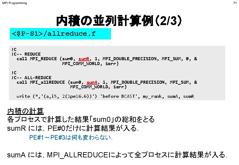MPI Programming 71 内積の並列計算例（2/3） <$P-S 1>/allreduce. f !C !C-- REDUCE call MPI_REDUCE (sum 0,