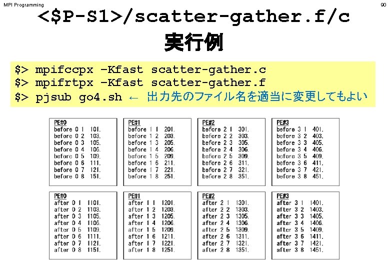 MPI Programming <$P-S 1>/scatter-gather. f/c 実行例 $> mpifccpx –Kfast scatter-gather. c $> mpifrtpx –Kfast