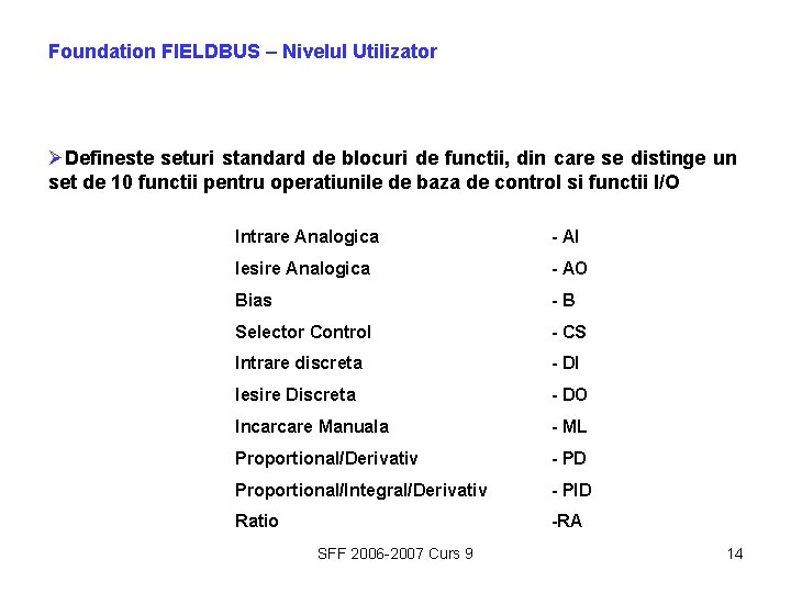 Foundation FIELDBUS – Nivelul Utilizator ØDefineste seturi standard de blocuri de functii, din care