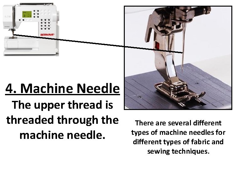 4. Machine Needle The upper thread is threaded through the machine needle. There are