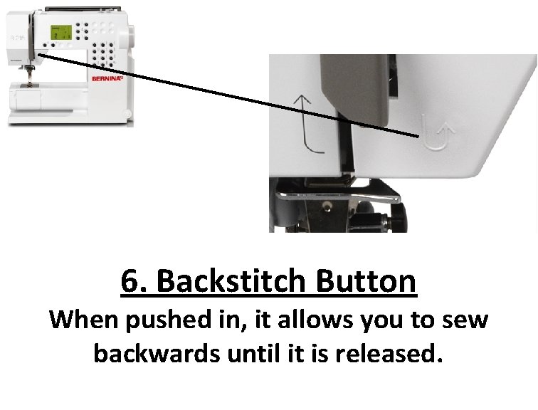 6. Backstitch Button When pushed in, it allows you to sew backwards until it