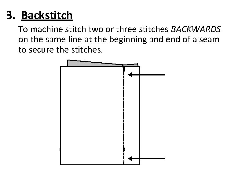 3. Backstitch To machine stitch two or three stitches BACKWARDS on the same line