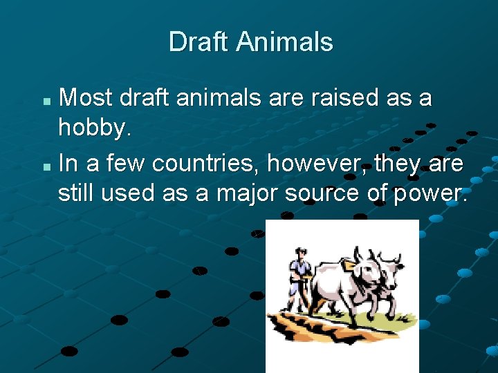 Draft Animals Most draft animals are raised as a hobby. n In a few