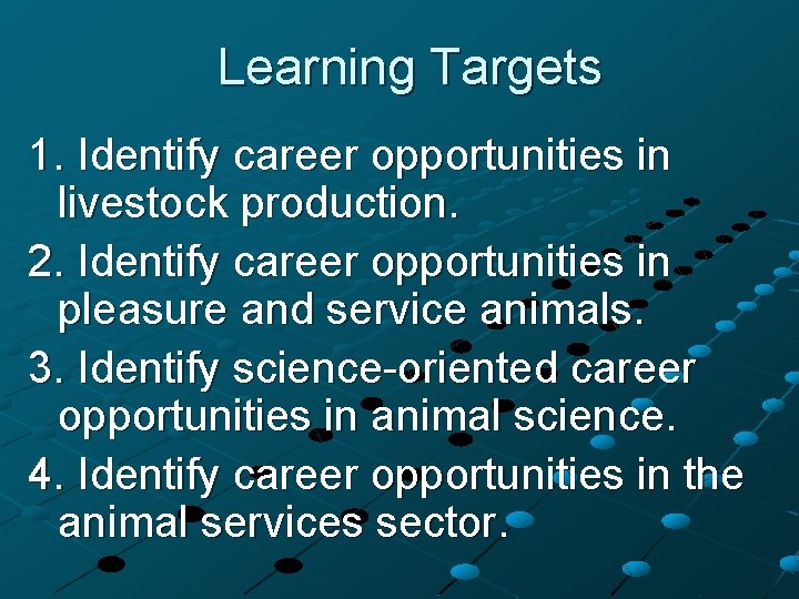 Learning Targets 1. Identify career opportunities in livestock production. 2. Identify career opportunities in