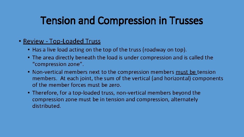 Tension and Compression in Trusses • Review - Top-Loaded Truss • Has a live