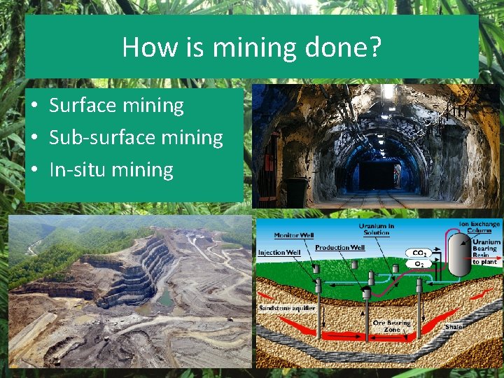 How is mining done? • Surface mining • Sub-surface mining • In-situ mining 