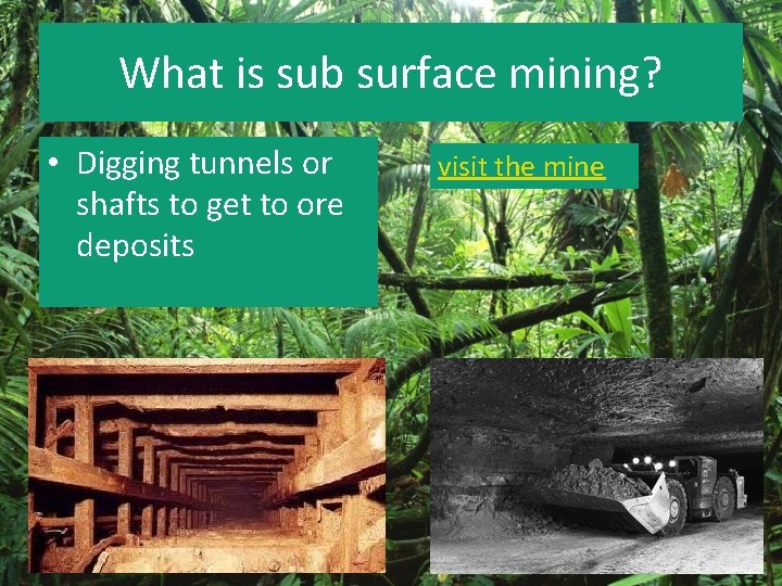 What is sub surface mining? • Digging tunnels or shafts to get to ore