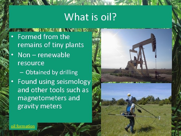 What is oil? • Formed from the remains of tiny plants • Non –