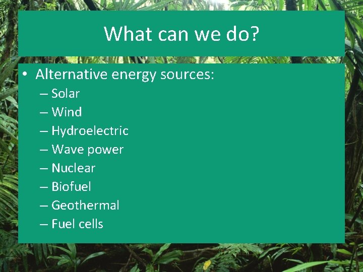 What can we do? • Alternative energy sources: – Solar – Wind – Hydroelectric