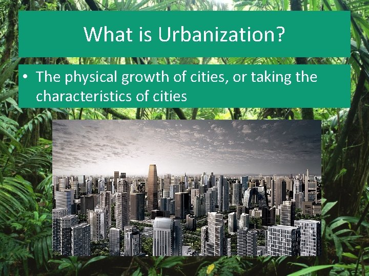 What is Urbanization? • The physical growth of cities, or taking the characteristics of