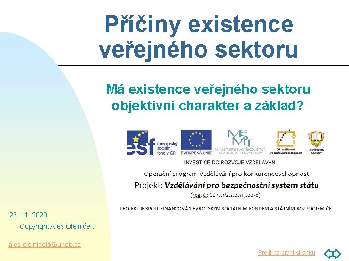 Příčiny existence veřejného sektoru Má existence veřejného sektoru objektivní charakter a základ? 23. 11.