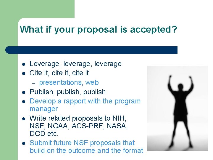 What if your proposal is accepted? l l l Leverage, leverage Cite it, cite