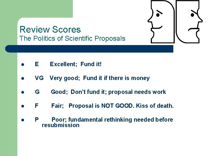 Review Scores The Politics of Scientific Proposals l E Excellent; Fund it! l VG