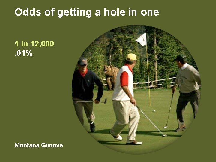 Odds of getting a hole in one 1 in 12, 000. 01% Montana Gimmie