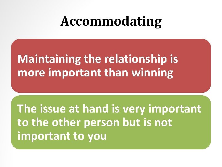 Accommodating Maintaining the relationship is more important than winning The issue at hand is