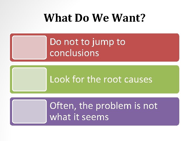 What Do We Want? Do not to jump to conclusions Look for the root