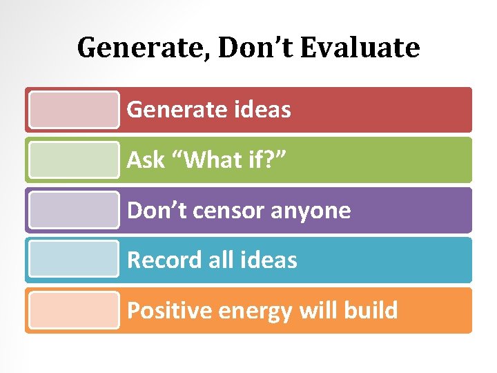 Generate, Don’t Evaluate Generate ideas Ask “What if? ” Don’t censor anyone Record all
