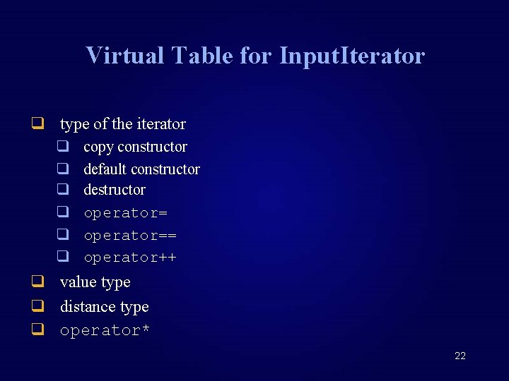 Virtual Table for Input. Iterator q type of the iterator q q q copy