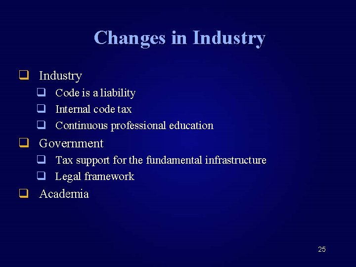 Changes in Industry q Code is a liability q Internal code tax q Continuous