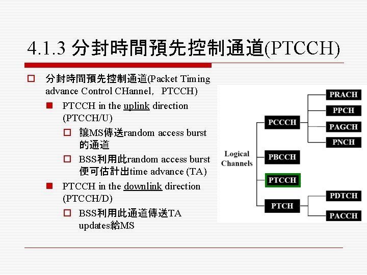 4. 1. 3 分封時間預先控制通道(PTCCH) o 分封時間預先控制通道(Packet Timing advance Control CHannel，PTCCH) n PTCCH in the