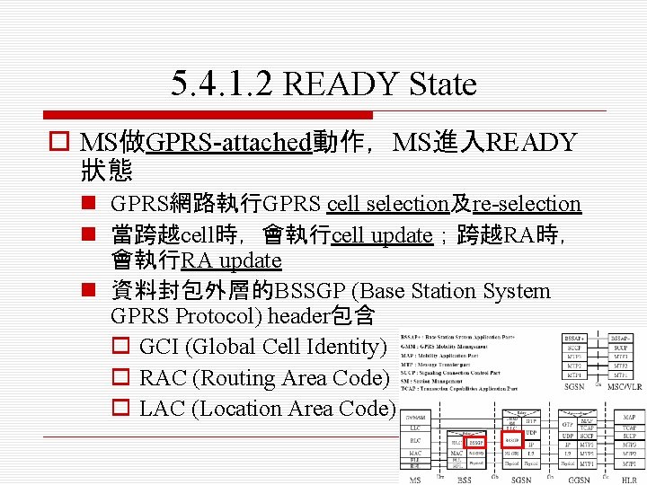 5. 4. 1. 2 READY State o MS做GPRS-attached動作，MS進入READY 狀態 n GPRS網路執行GPRS cell selection及re-selection n