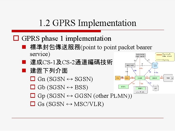 1. 2 GPRS Implementation o GPRS phase 1 implementation n 標準封包傳送服務(point to point packet