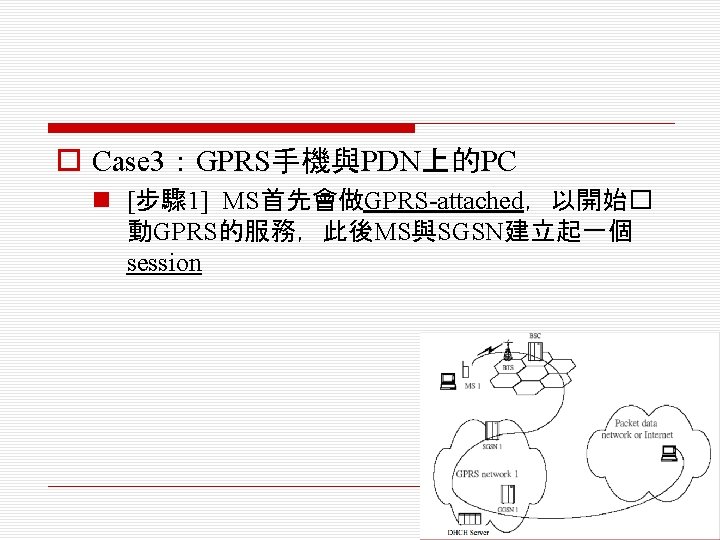 o Case 3：GPRS手機與PDN上的PC n [步驟 1] MS首先會做GPRS-attached，以開始� 動GPRS的服務，此後MS與SGSN建立起一個 session 