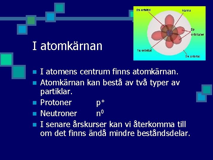 I atomkärnan n n I atomens centrum finns atomkärnan. Atomkärnan kan bestå av två