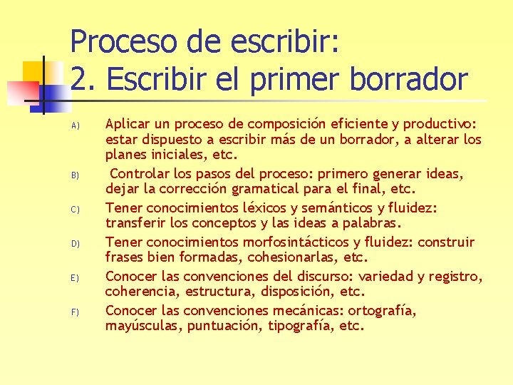 Proceso de escribir: 2. Escribir el primer borrador A) B) C) D) E) F)