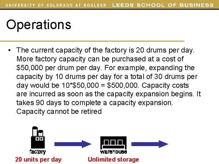 Operations • The current capacity of the factory is 20 drums per day. More