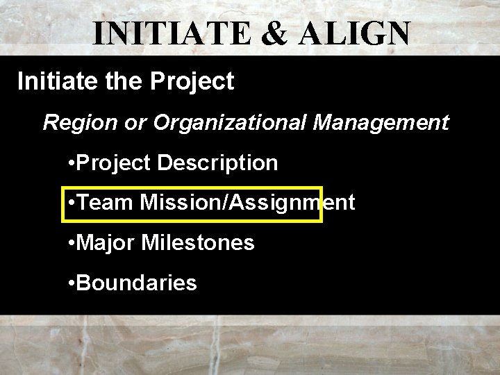 INITIATE & ALIGN Initiate the Project Region or Organizational Management • Project Description •