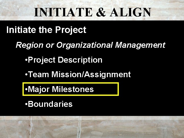 INITIATE & ALIGN Initiate the Project Region or Organizational Management • Project Description •