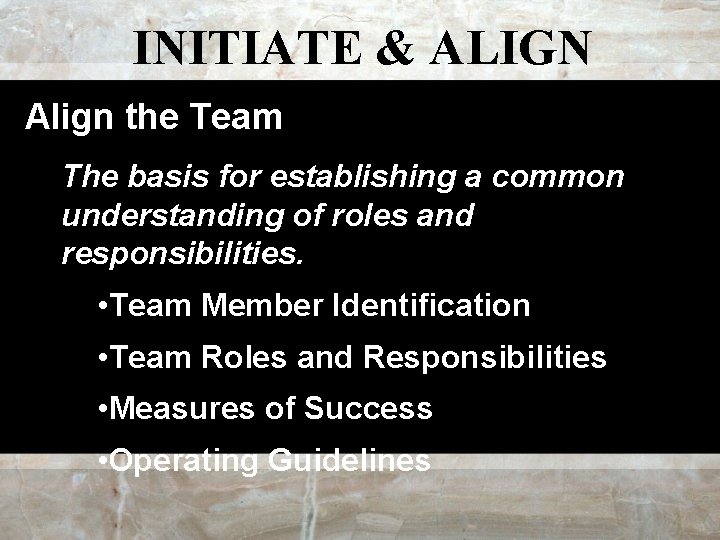 INITIATE & ALIGN Align the Team The basis for establishing a common understanding of