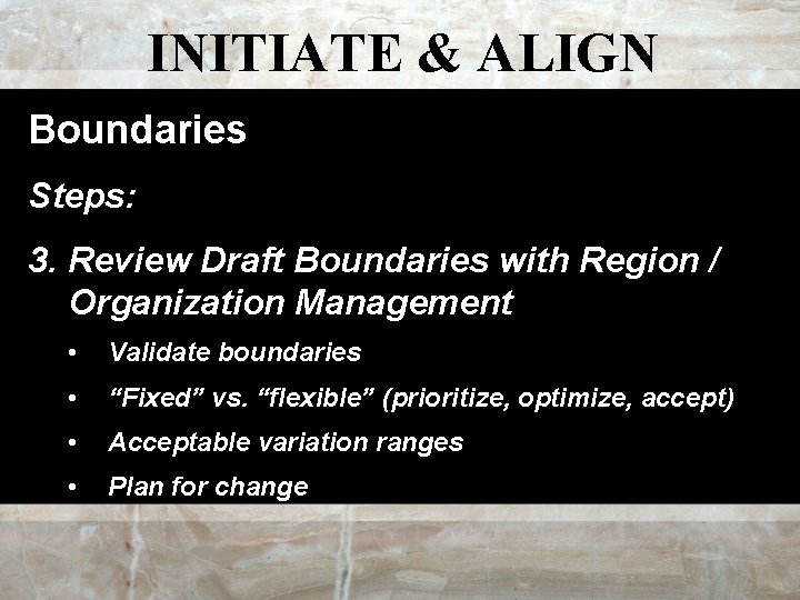 INITIATE & ALIGN Boundaries Steps: 3. Review Draft Boundaries with Region / Organization Management